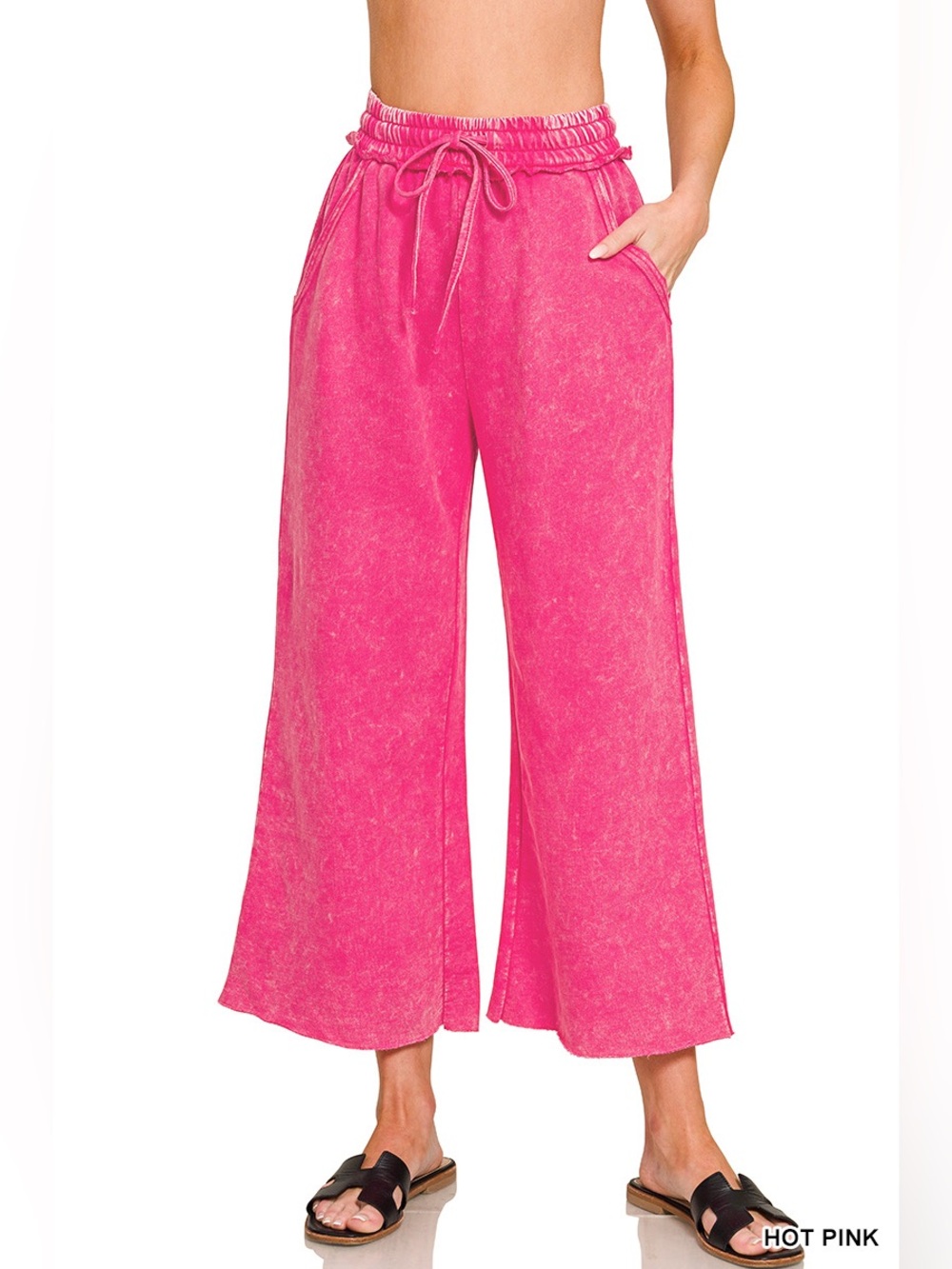 Zenana Large L Hot Pink Washed French Terry Flare Sweatpants Pants NWOT